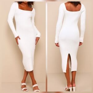Lulus L Gleaming Babe White Ribbed Knit Pearl Midi Sweater Dress, Size Large